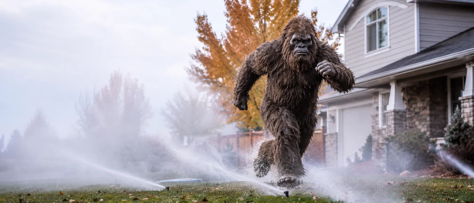 A Sasquatch running through lawn sprinklers in a Boise neighborhood